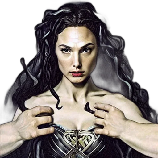 jewelry, comic book art, fantasy art, photorealistic, concept art, gal, gadot, medusa transparent PNG cut-out