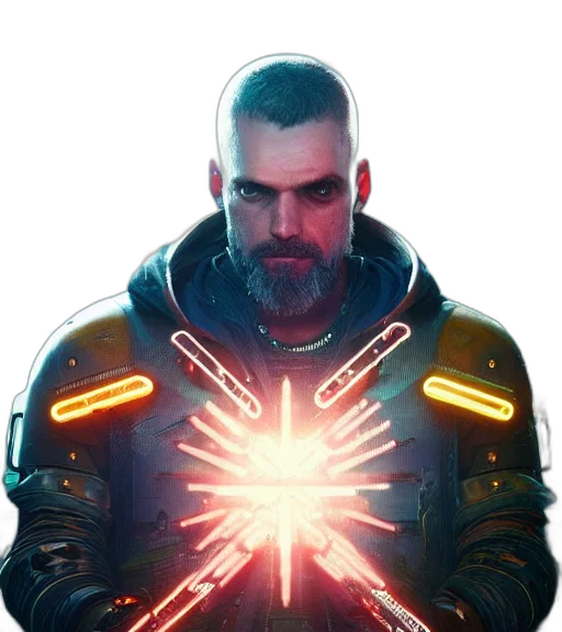 jacket, sword, weapon, staff, cyberpunk, concept art, fantasy art, comic book art transparent PNG cut-out