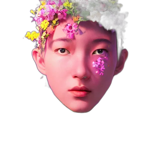 face, crown, flower, mask, vaporwave, photorealistic, 3d render, concept art transparent PNG cut-out