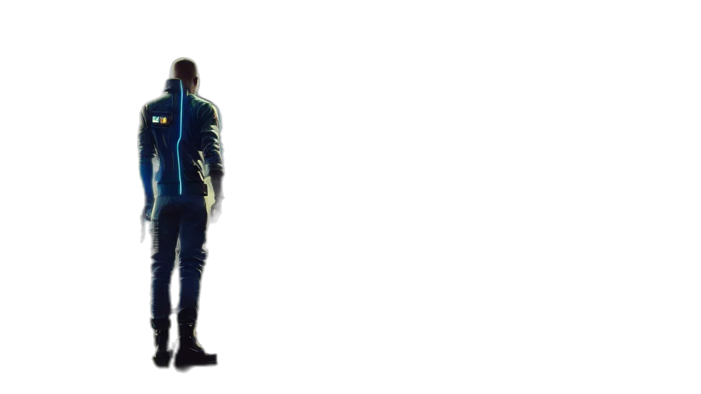 jacket, robot, staff, weapon, concept art, cyberpunk, pixel art, 3d render transparent PNG cut-out