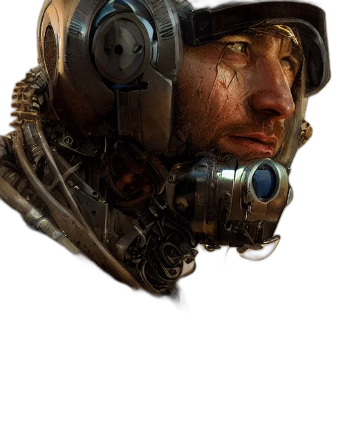 face, mask, robot, weapon, cyberpunk, concept art, photorealistic, 3d render transparent PNG cut-out