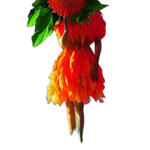flower, dress, crown, staff, 3d render, photorealistic, oil painting, concept art transparent PNG cut-out