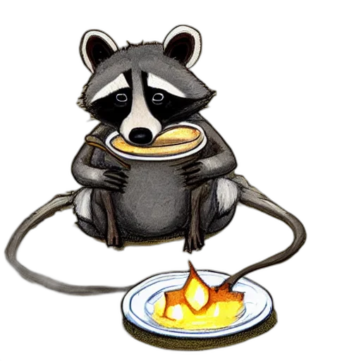 food, concept art, pixel art, cartoon, fire, little, raccoon, sitting transparent PNG cut-out