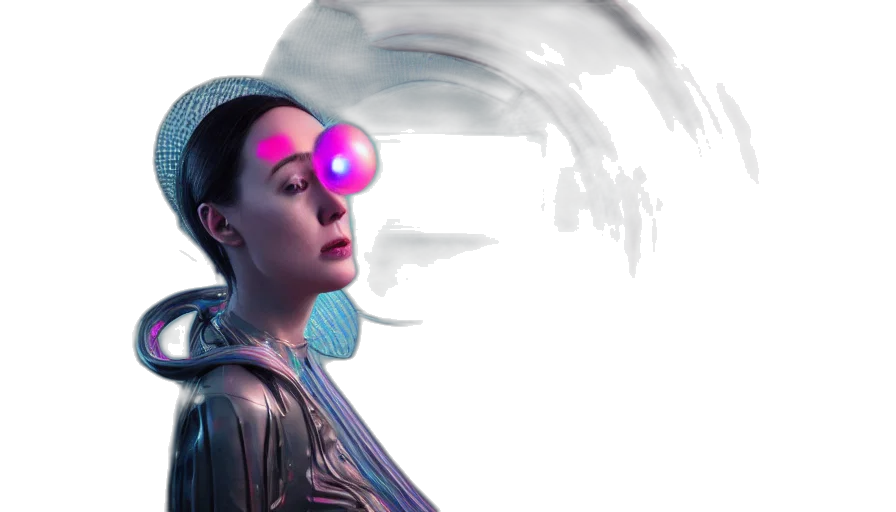 robot, cyberpunk, concept art, vaporwave, 3d render, outer space, neon lights, underwater transparent PNG cut-out