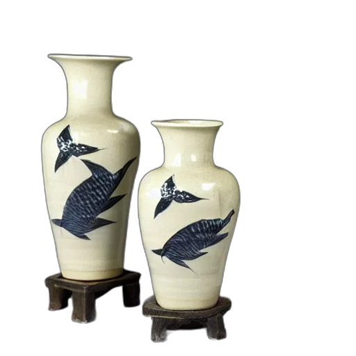 bottle, photorealistic, 3d render, several, koi, pottery, table, elaborate transparent PNG cut-out