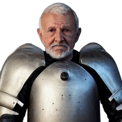 robot, jacket, sword, staff, 3d render, concept art, photograph, old transparent PNG cut-out