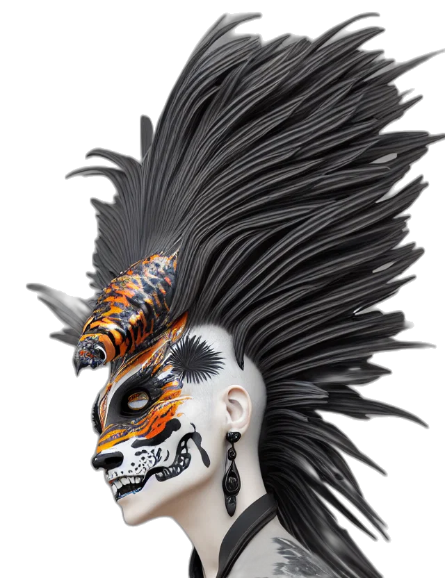 mask, hair, creature, face, fantasy art, photorealistic, 3d render, concept art transparent PNG cut-out