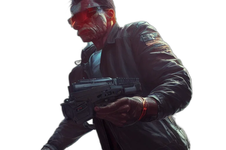 weapon, jacket, face, mask, concept art, cyberpunk, photorealistic, comic book art transparent PNG cut-out