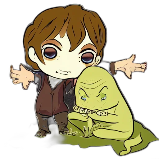concept art, pixel art, fantasy art, comic book art, chibi, smeagol, frodo transparent PNG cut-out