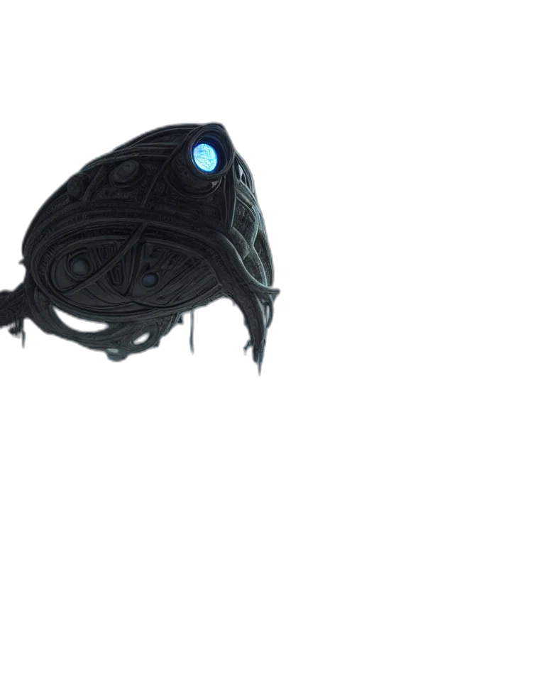 mask, creature, robot, hat, 3d render, concept art, fantasy art, cyberpunk transparent PNG cut-out