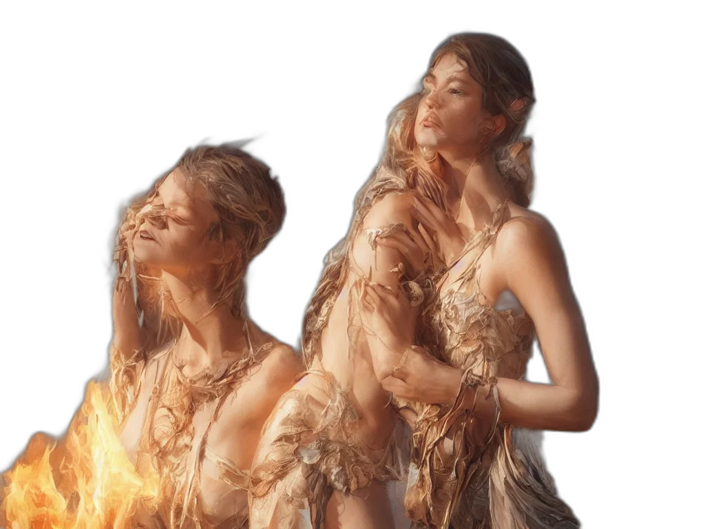 hair, concept art, 3d render, photorealistic, fantasy art, fire, golden, angel transparent PNG cut-out
