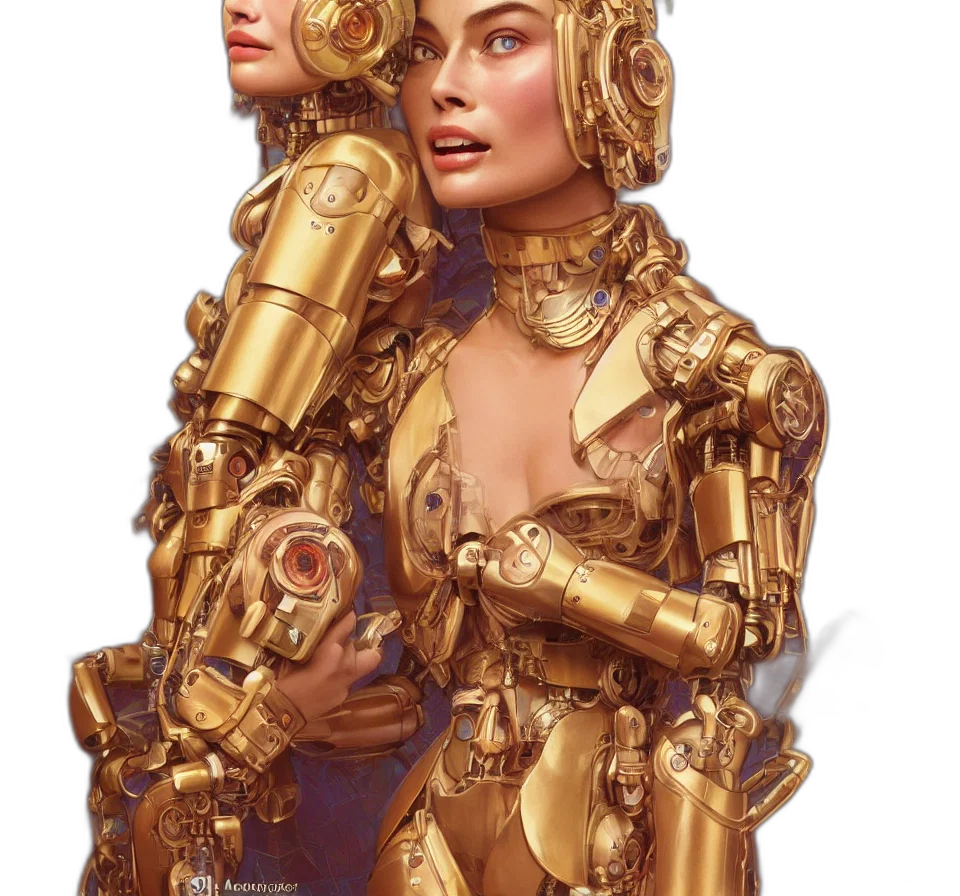 robot, jewelry, dress, concept art, fantasy art, comic book art, cyberpunk, golden transparent PNG cut-out