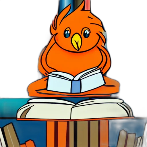 crown, staff, cartoon, 3d render, cute, firebirdy, reading, book transparent PNG cut-out