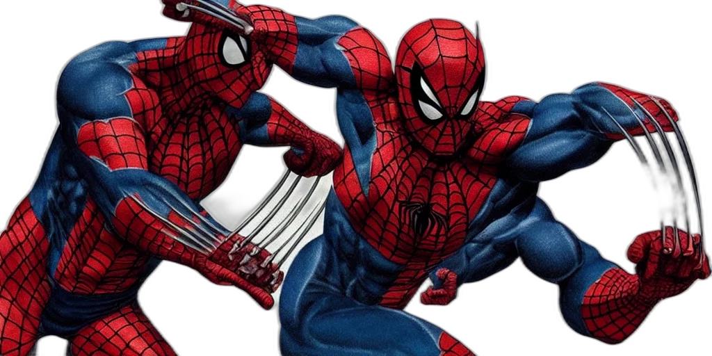 comic book art, concept art, 3d render, wolverine, fighting, spiderman, tattoo, high transparent PNG cut-out