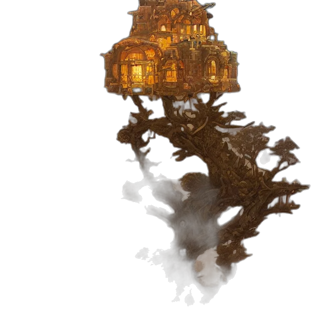 tree, crown, building, staff, concept art, fantasy art, pixel art, 3d render transparent PNG cut-out