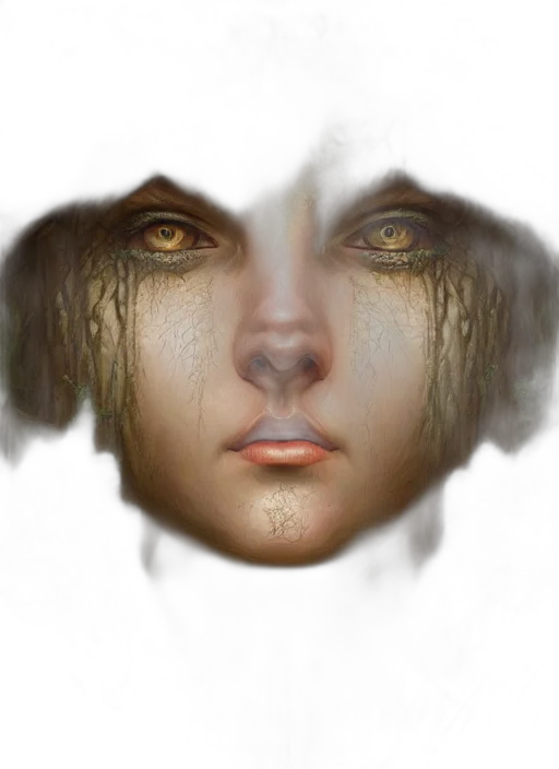 face, mask, creature, hair, photorealistic, fantasy art, concept art, 3d render transparent PNG cut-out