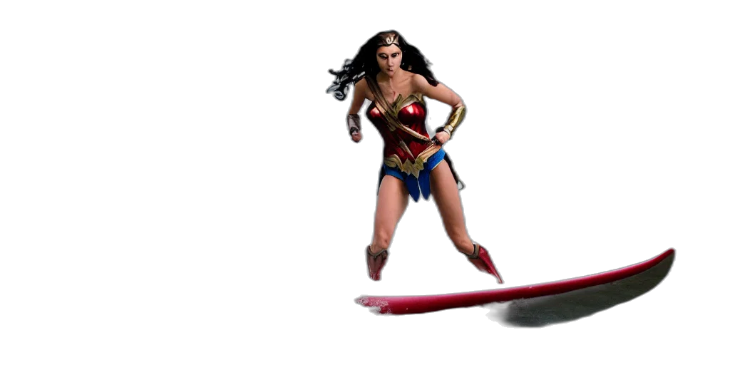 comic book art, concept art, 3d render, gal, gadot, wonder, woman, surfing transparent PNG cut-out