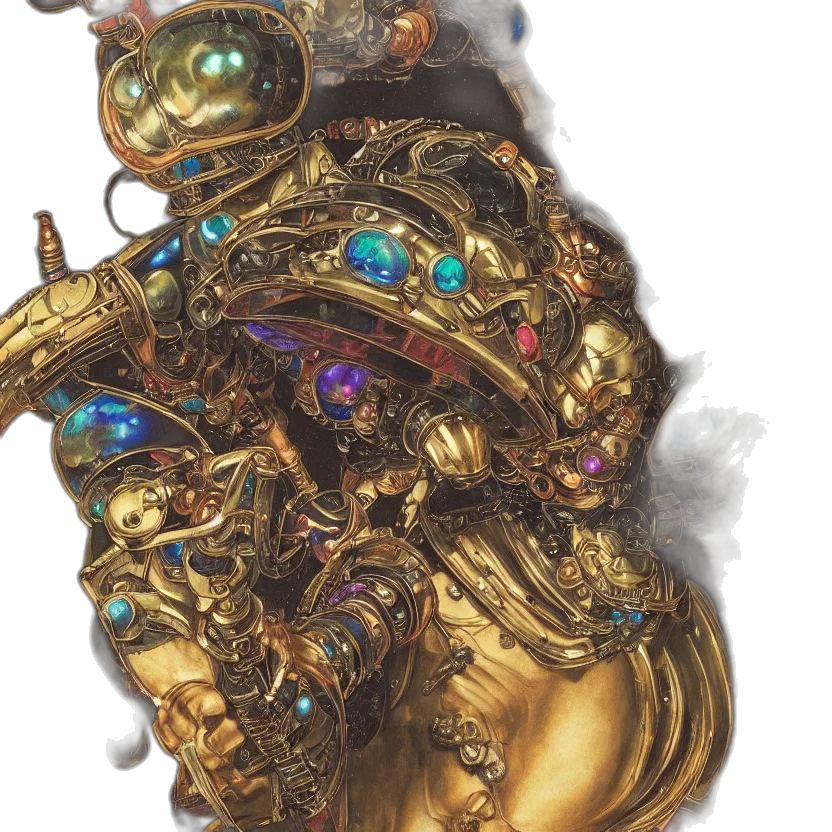jewelry, crown, robot, weapon, concept art, fantasy art, golden, baroque transparent PNG cut-out
