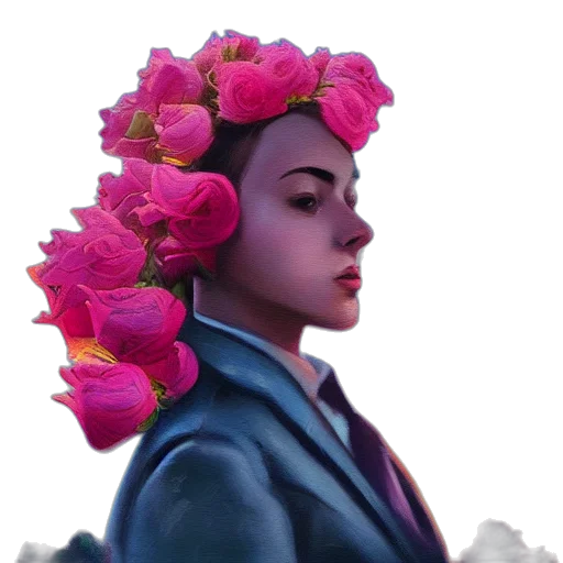 crown, flower, face, jacket, photorealistic, concept art, fantasy art, vaporwave transparent PNG cut-out