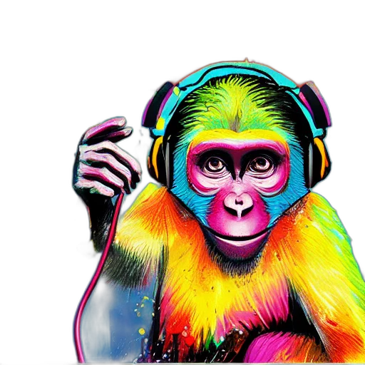 concept art, photorealistic, cartoon, neon, colorful, illustration, monkey, headphones transparent PNG cut-out