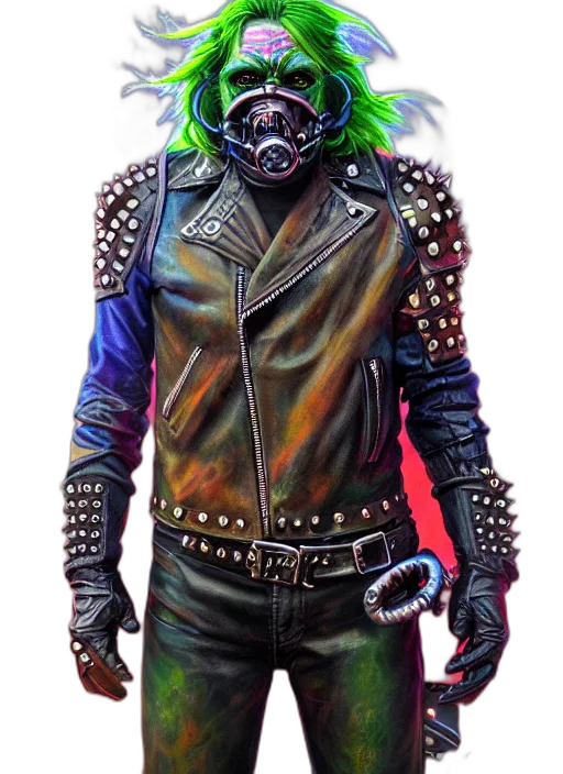 jacket, mask, creature, cyberpunk, concept art, comic book art, fantasy art, neon transparent PNG cut-out