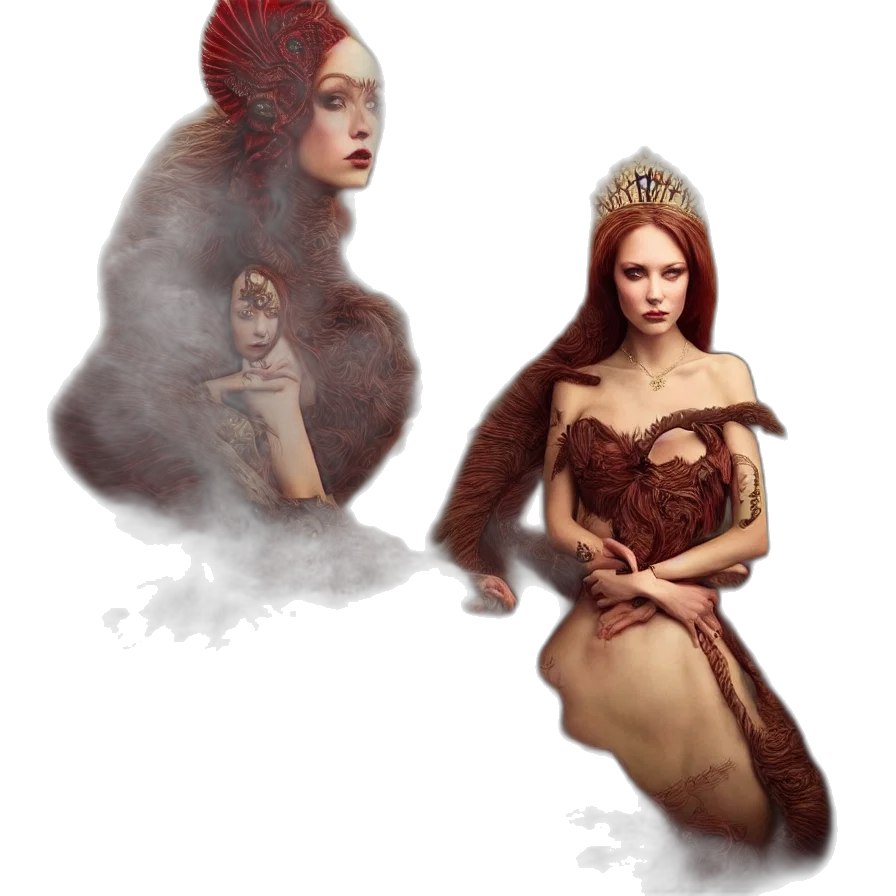 crown, dress, fantasy art, concept art, photorealistic, pixel art, fire, forest transparent PNG cut-out