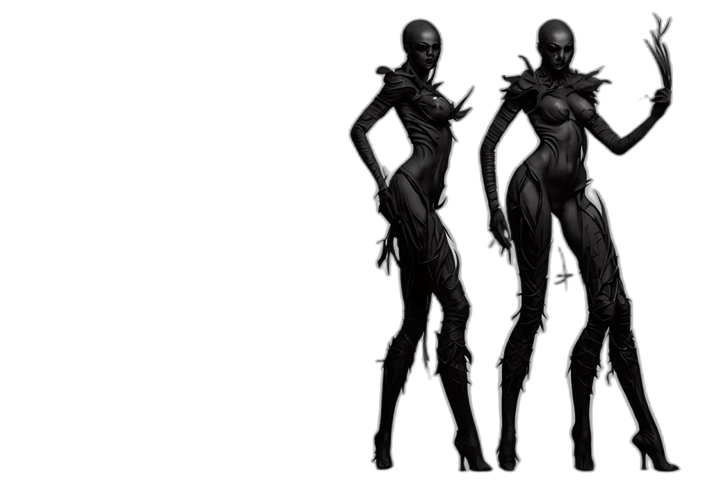 creature, dress, concept art, fantasy art, 3d render, comic book art, dark, monochrome transparent PNG cut-out
