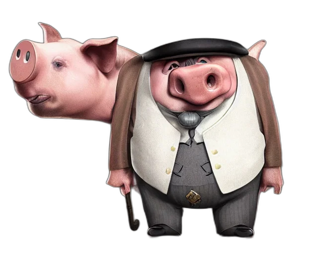 3d render, concept art, photorealistic, cartoon, pig, top, hat, pipe transparent PNG cut-out