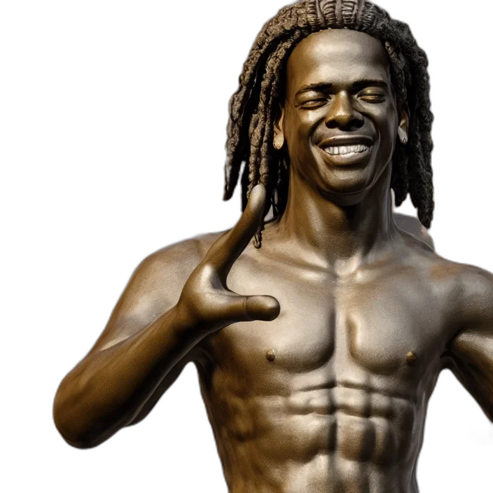 3d render, photorealistic, stoic, statue, ronaldinho, smiling, making, peace transparent PNG cut-out