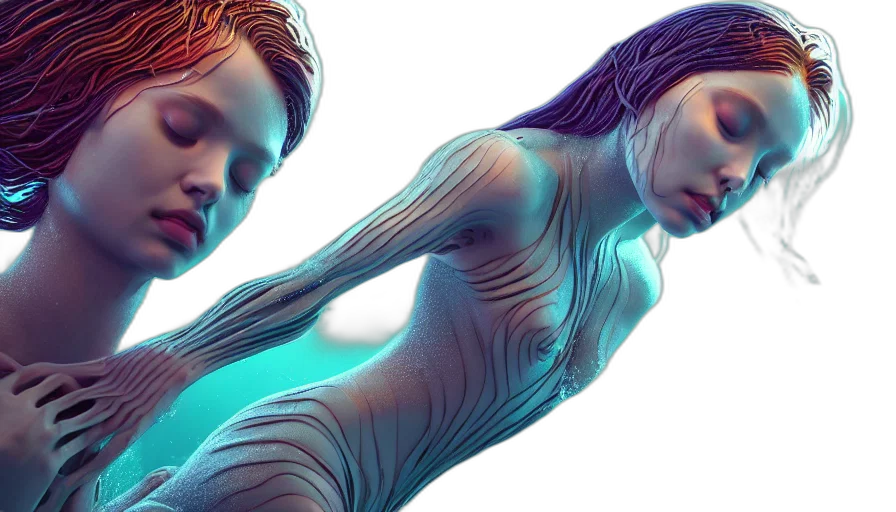 3d render, concept art, photorealistic, cyberpunk, underwater, neon lights, outer space, girl transparent PNG cut-out