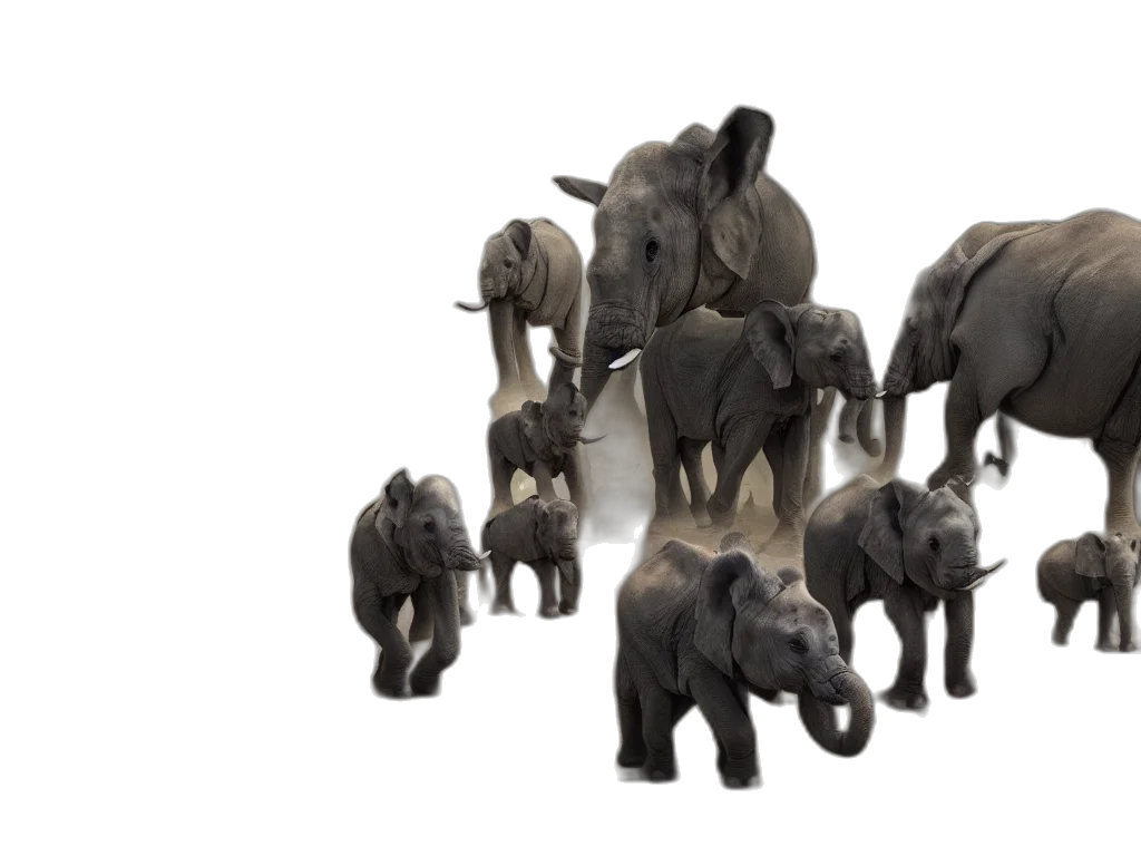 animal, concept art, 3d render, apocalyptic, city, baby, elephants, rhino transparent PNG cut-out