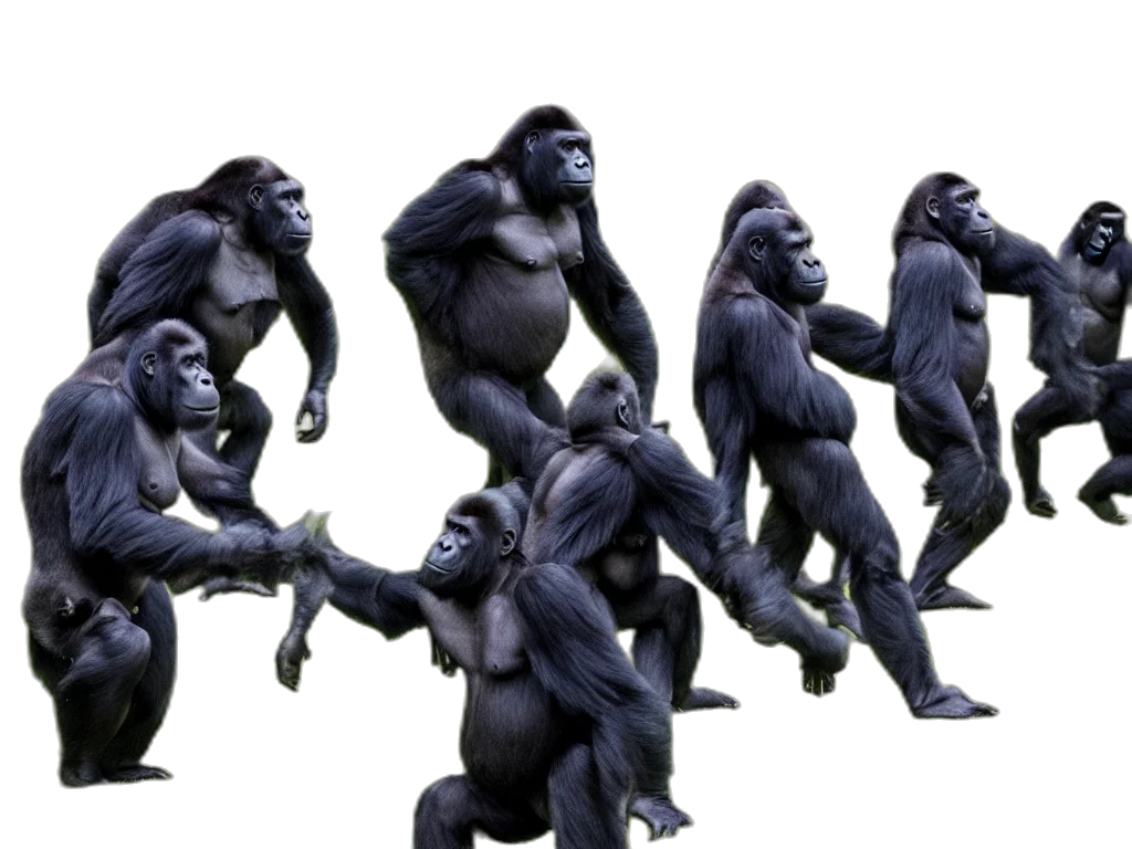 animal, concept art, 3d render, photorealistic, gorillas, playing, soccer, vivid transparent PNG cut-out