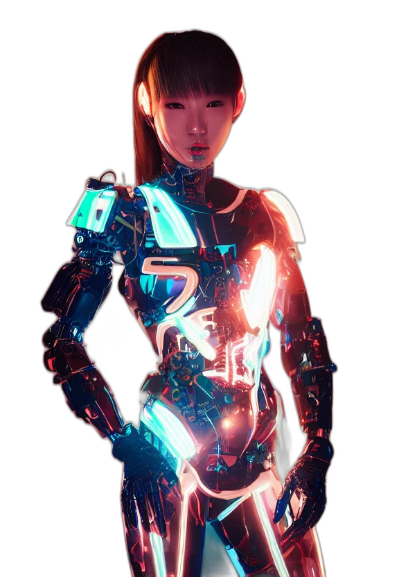 robot, dress, jacket, face, cyberpunk, concept art, 3d render, anime transparent PNG cut-out