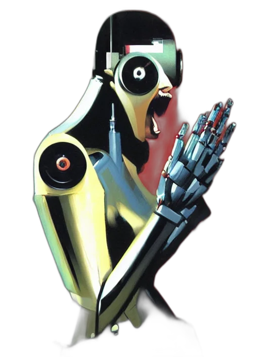 robot, staff, weapon, mask, concept art, 3d render, cyberpunk, comic book art transparent PNG cut-out