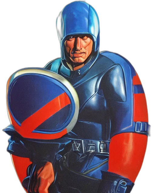 jacket, robot, weapon, face, comic book art, concept art, blue, retro transparent PNG cut-out