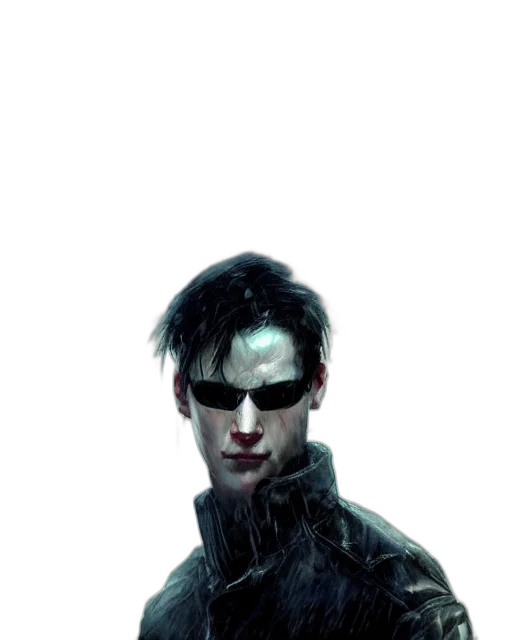 jacket, mask, face, comic book art, concept art, cyberpunk, 3d render, dark transparent PNG cut-out