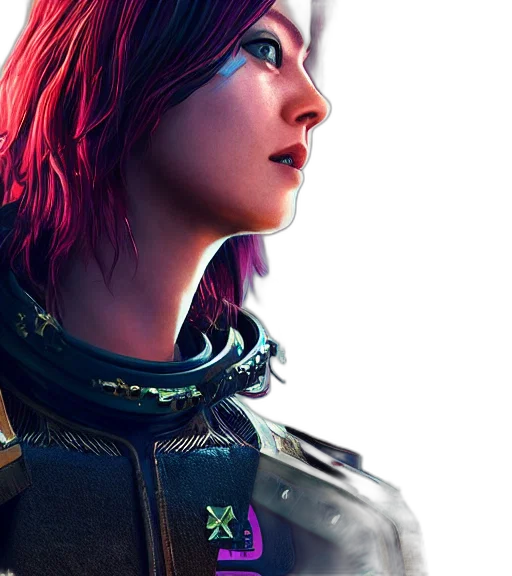 face, jacket, cyberpunk, concept art, photorealistic, 3d render, colorful, dark transparent PNG cut-out