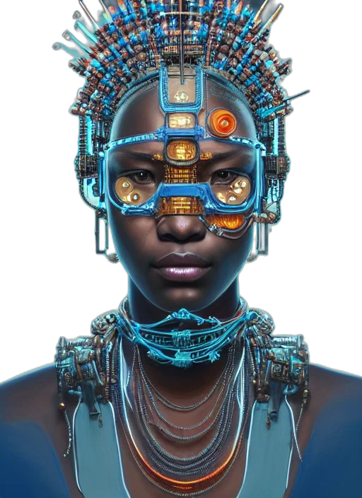 robot, jewelry, face, mask, cyberpunk, concept art, photorealistic, 3d render transparent PNG cut-out