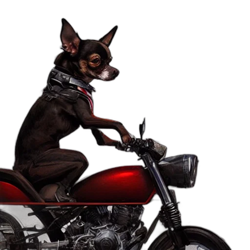animal, photorealistic, 3d render, concept art, chihuahua, riding, motorcycle, very transparent PNG cut-out