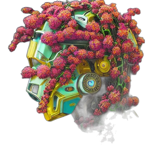 robot, crown, jewelry, flower, concept art, 3d render, pixel art, cyberpunk transparent PNG cut-out