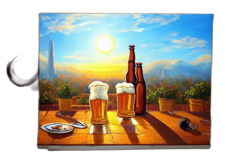 bottle, food, oil painting, photorealistic, fantasy art, concept art, sunset, forest transparent PNG cut-out