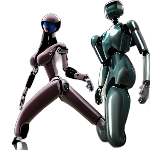 robot, concept art, 3d render, cyberpunk, vaporwave, monochrome, two, humanoid transparent PNG cut-out