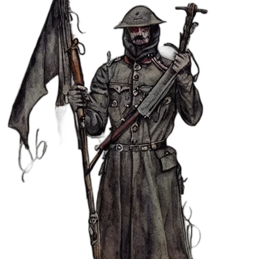 weapon, staff, jacket, mask, concept art, watercolor, fantasy art, comic book art transparent PNG cut-out