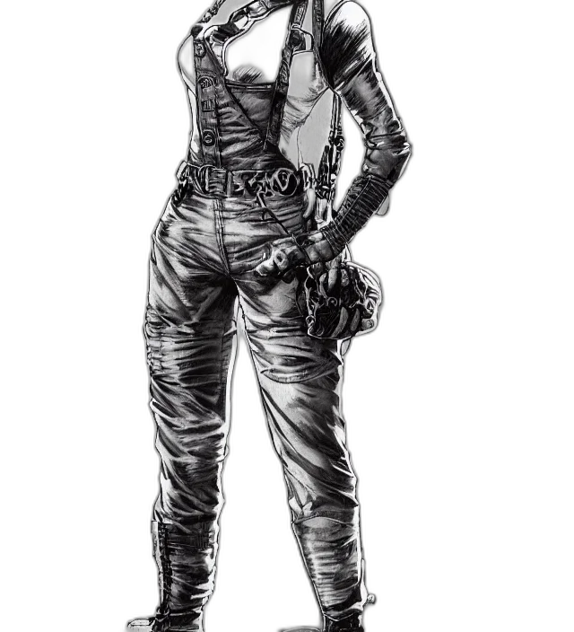 jacket, staff, robot, comic book art, concept art, cyberpunk, pencil sketch, outer space transparent PNG cut-out