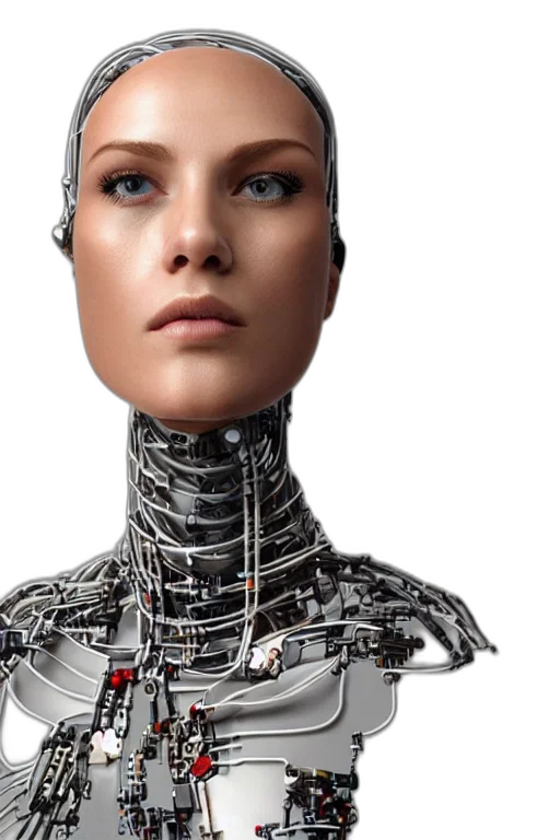robot, cyberpunk, 3d render, human, face, female, head, full transparent PNG cut-out