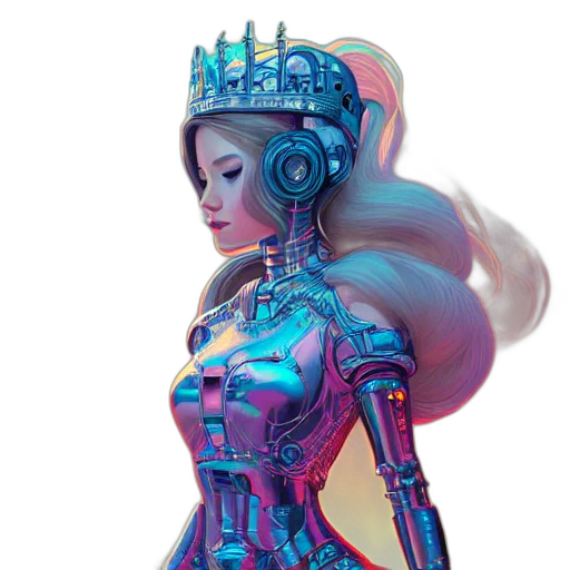 robot, crown, dress, concept art, cyberpunk, fantasy art, 3d render, blue transparent PNG cut-out