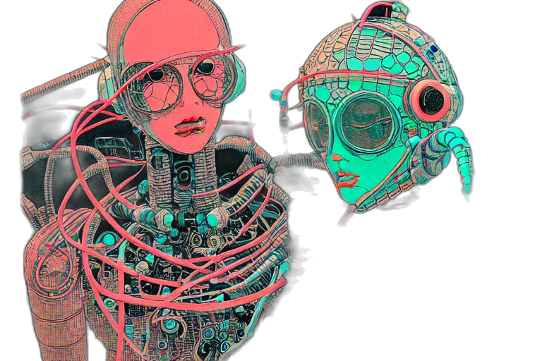 mask, robot, jewelry, cyberpunk, 3d render, concept art, vaporwave, outer space transparent PNG cut-out
