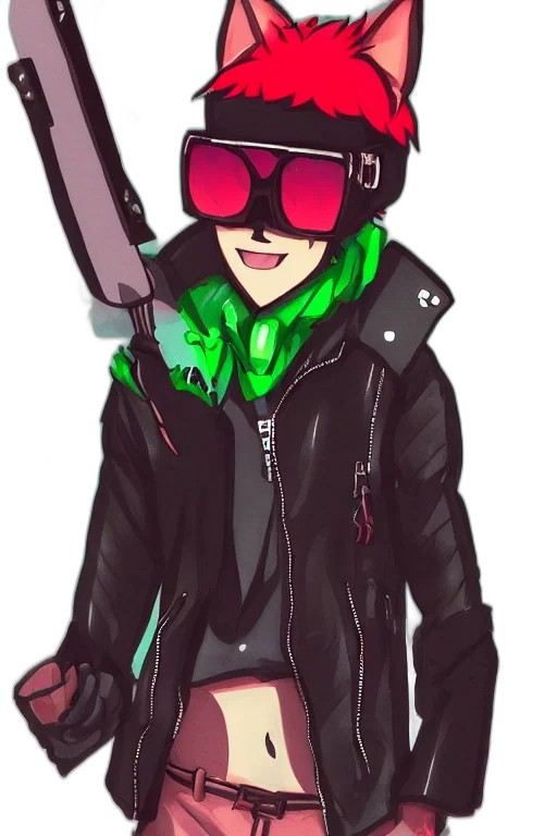 jacket, weapon, staff, cyberpunk, concept art, cartoon, comic book art, green transparent PNG cut-out