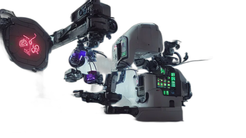 robot, weapon, staff, cyberpunk, 3d render, concept art, bladerunner, complex transparent PNG cut-out