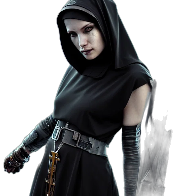 staff, concept art, fantasy art, comic book art, photorealistic, dark, cyberpunk, nun transparent PNG cut-out